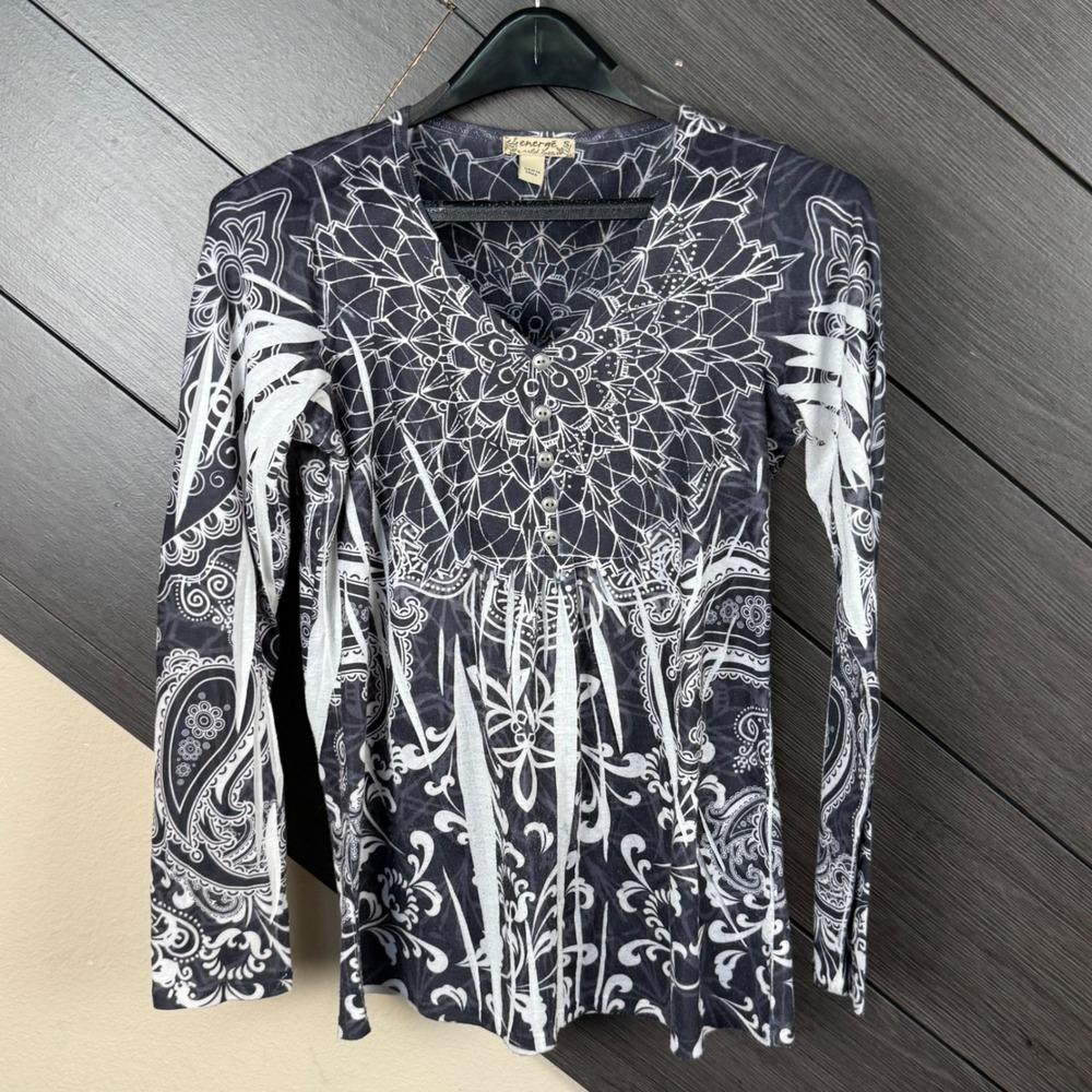 Energe Women's Small Y2K Black White Gem Henley Whimsigoth Fairy Grunge Mandala